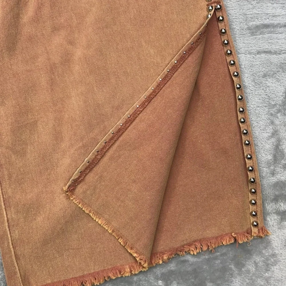 POL Wide Leg Pants Womens Medium Rust Gold Studded Split Hem Raw Edge Boho Jeans
